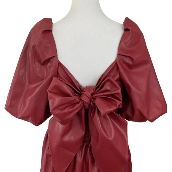 Mare Mare x Anthropologie Red Faux Leather Puff Sleeve Bow Back Dress Medium - Picture 6 of 14